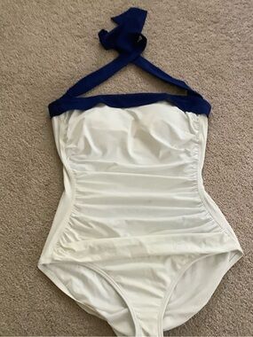 Tommy Bahama White One-Piece Swimsuit with Blue Halter Trim